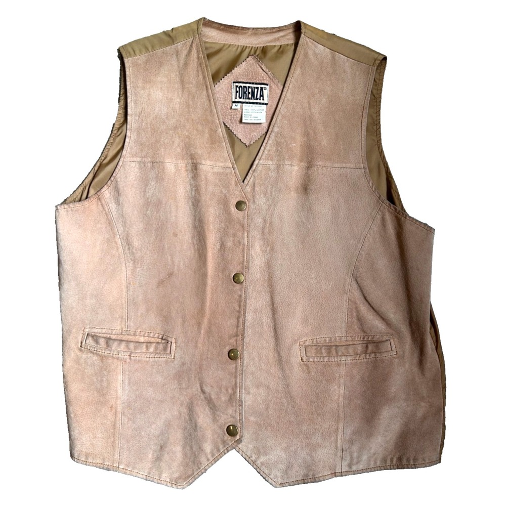 VTG 80s Forenza Suede Leather Vest Mens M 44" Tan Snap Front Western Waistcoat